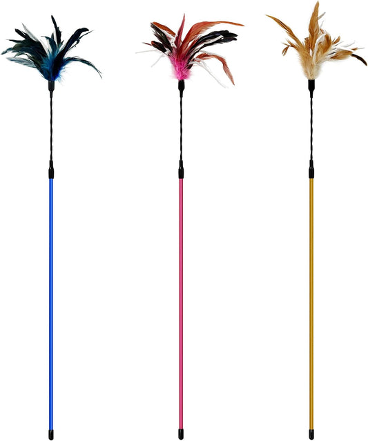Ttcat 3 Pack 22.8" Extra Long Cat Feather Wand Toys, Colorful Interactive Cat Teaser Wands with Flexible Bendable Wire, Natural Feather & Crinkle Paper, Play Toy for Indoor Kittens and Cats.