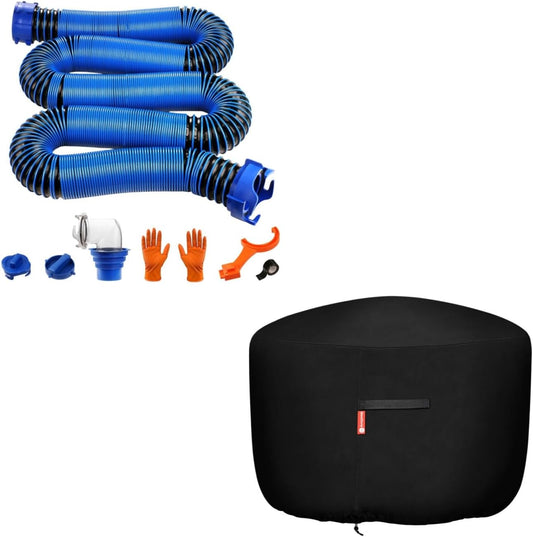 20FT RV Sewer Hose Kit, RV Hose Fittings, Heavy-Duty Camper Sewer Hose with Leak-Proof Swivel Fittings and round Gas Fire Pit/Table Cover-Heavy Duty 600D Polyester with PVC Coating Material