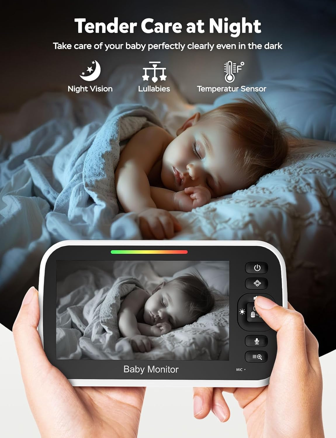 Goodbaby 5" Baby Monitor with Camera and Audio, No Wifi Secure FHSS, 30-Hour Battery, Remote PTZ, Auto Night Vision, Room Temperature, Two-Way Audio，Lullabies，1000Ft Range