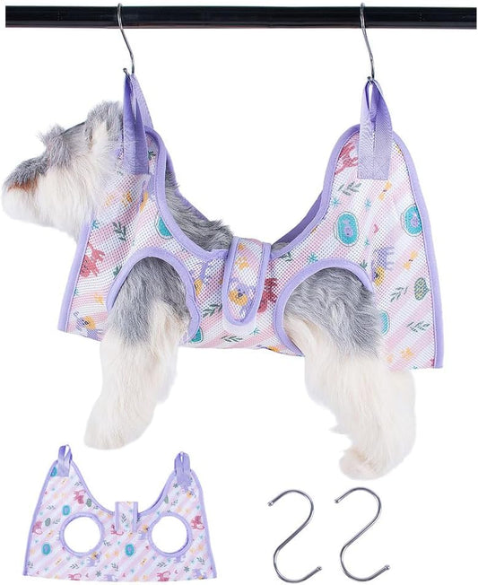 AIO Cat & Dog Restraint Sling for Nail Trimming Foldable Dog Grooming Supet Relaxation Hammock Harness for Pet Grooming M Purple