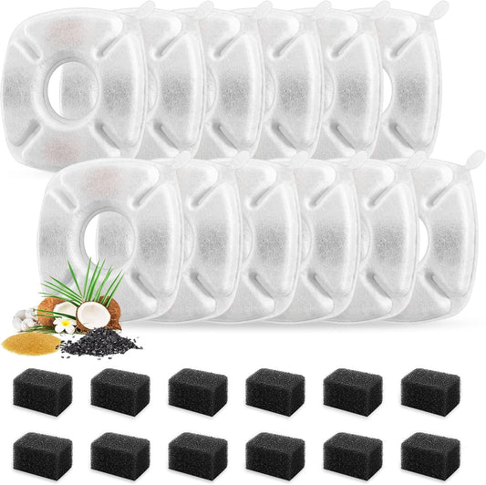 24 Pcs Cat Fountain Replacement Filters 12 Pack Cat Water Fountain Replacement Filters with 12 Pack Pre-Filter Sponges, Pet Fountain Filter Fit for 95Oz/2.8L Automatic Pet Fountain Cat Water Fountain
