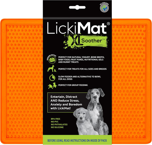 Lickimat X Large Breed Soother Dog Lick Mat, Dog Calmer, Slow Feeder, Anxiety Reliever Alternative to Puzzle Toys, Slow Feeding Bowls. Use Peanut Butter, Wet, Raw, Mixed Food, Healthy Treats - Orange
