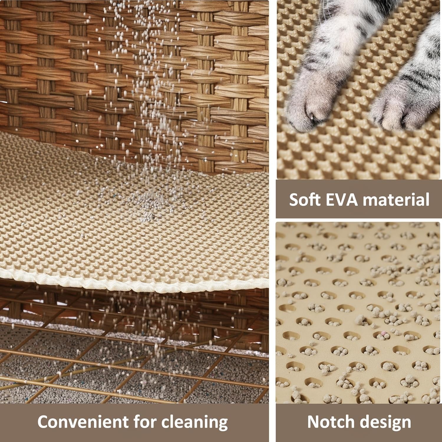 Cat Litter Box Enclosure with Soft Litter Mat; Hidden Cat Washroom Furniture with Door; Handwoven Rattan Kitten House with Large Space; Pet Crate for Living Room, Bedroom, Balcony (Natural)
