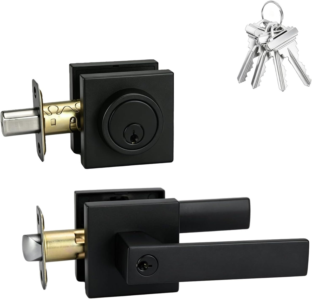Matte Black Exterior Door Handle with Lock and Deadbolt Set for Front Door