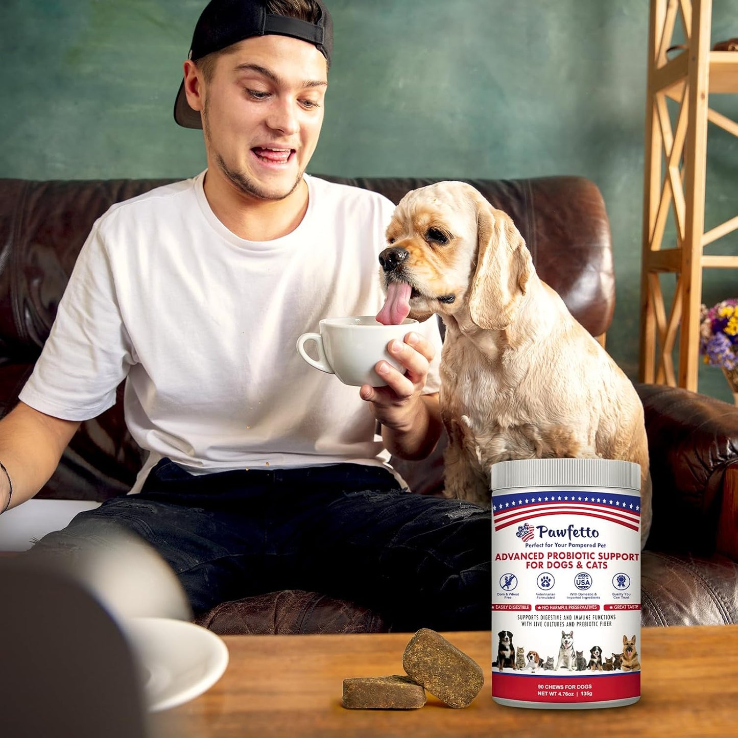 Advanced Probiotic Support for Dogs & Cats. Combination of Prebiotics & Probiotics Easily Digestible, Great Duck Flavour That Your Pets Will Love. Perfect for Your Pampered Pet (90 Chews)