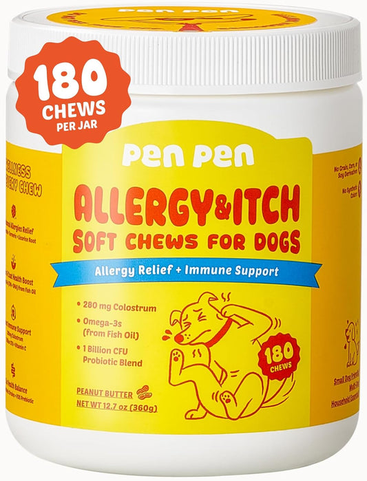 PENPEN Dog Allergy Chews - Anti-Itch & Itchy Skin Support for Dogs, Probiotics & Omega 3 (Fish Oil) for Immune & Gut Health - Peanut Butter Flavor - 180 Soft Chews