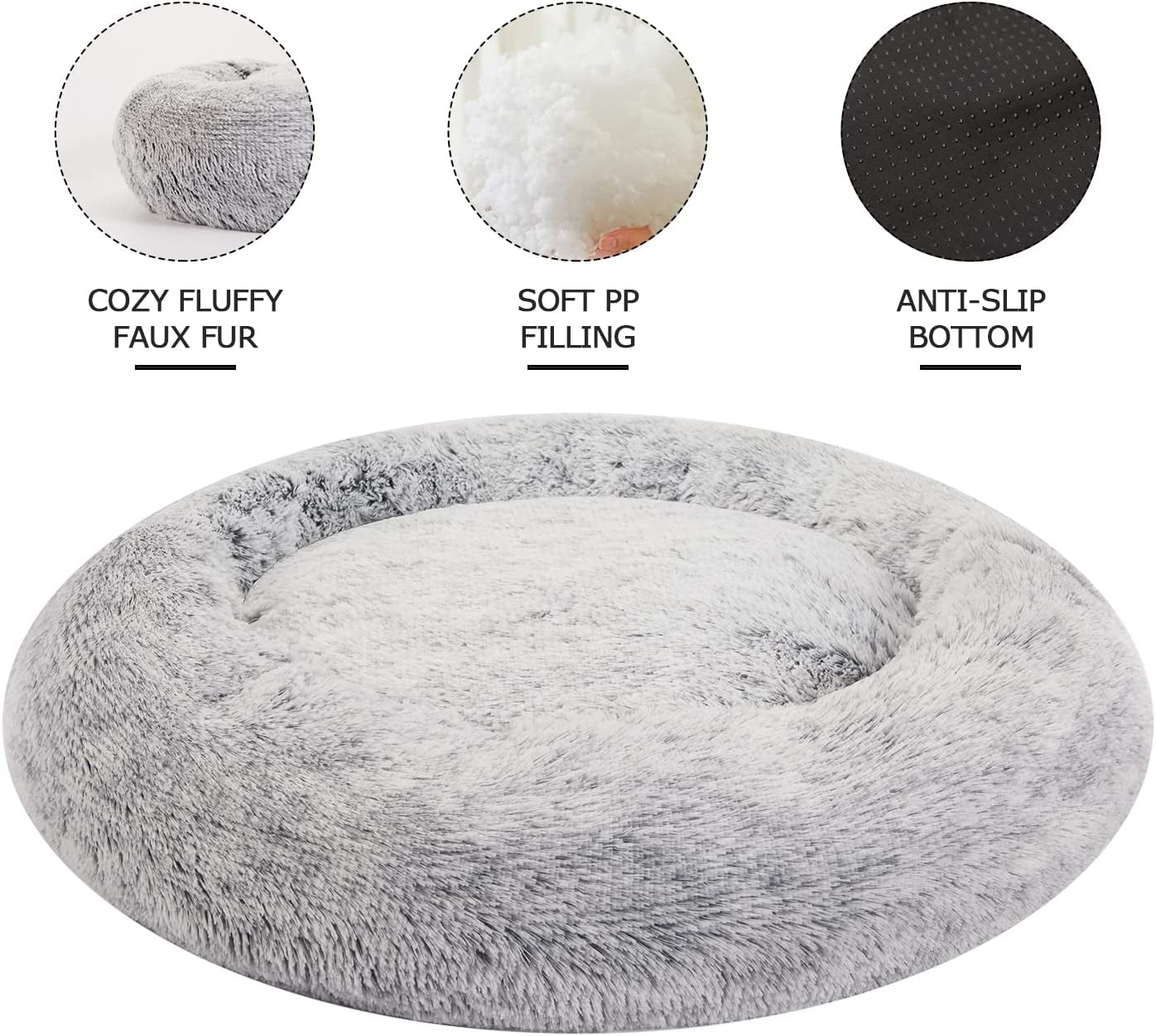 Bedfolks Calming Donut Dog Bed, 36 Inches round Fluffy for Large Dogs, Anti-Anxiety Plush, Machine Washable (Dark Grey, Large)
