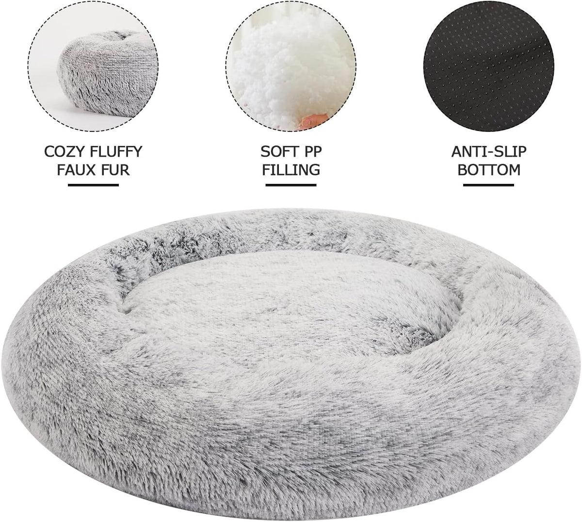 Bedfolks Calming Fluffy Donut Dog Bed for Large Dogs,Dark Grey, 36" Round