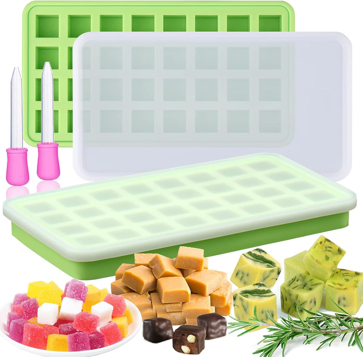 AIERSA Silicone Gummy Molds, 32 Cavity Cube Trays with Lids, 2 Pack
