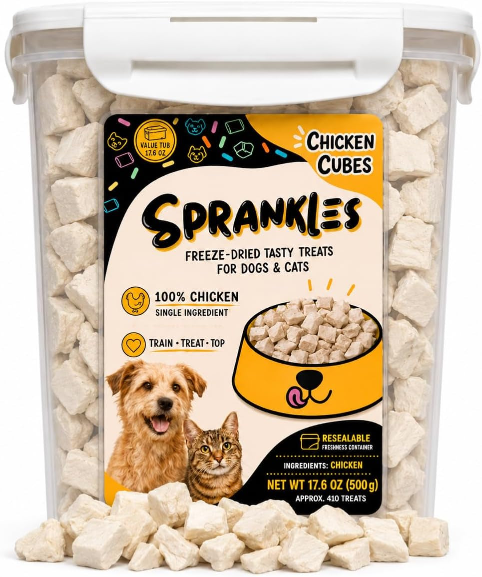 Freeze Dried Chicken Treats for Dogs & Cats – 17.6Oz Tub, Single Ingredient Raw Chicken Cubes, Grain-Free High Protein Food Topper, Resealable Tub
