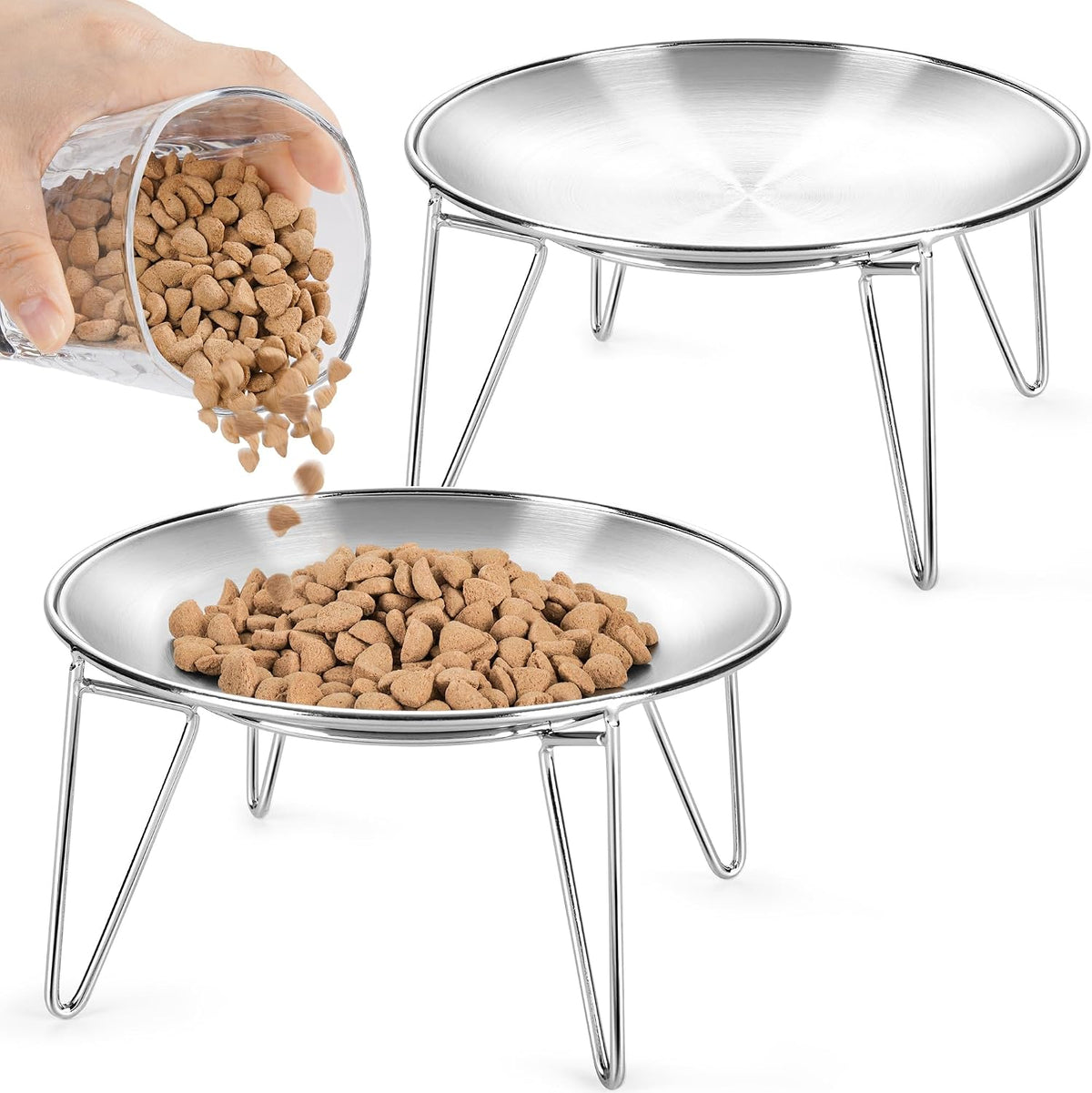 WROSWT Elevated Cat Bowls, 304 Stainless Steel Raised Cat Dishes, Extra Wide Shallow Cat Bowl for Whisker Fatigue Relief & Flat-Faced Breeds, Anti-Vomiting Kitten Feeder with Detachable Stands, 2 Set