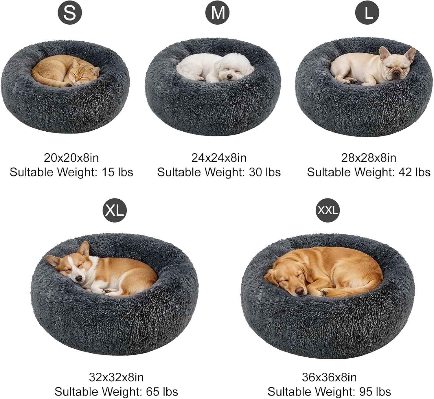 Dog Calming Beds for Small Medium Large Dogs - round Donut Washable Puppy Dog Bed, Anti-Slip Faux Fur Fluffy Donut Cuddle Anxiety Cat Pet Bed(28" Dark Grey)