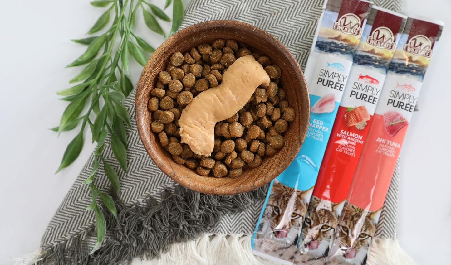 Wild Eats Lickable Cat Treats Exotic Fish Variety Pack 12Ct - Ahi Tuna, Wild Pink Salmon, Red Snapper - Puree Bisque