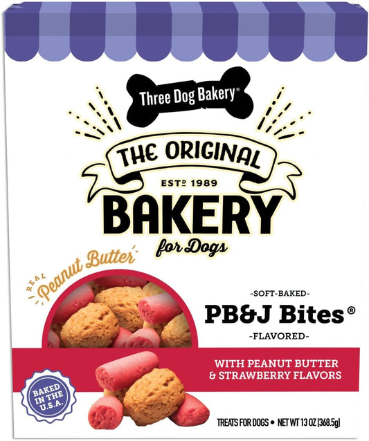 Three Dog Bakery Soft Baked PB&J Bites Dog Treats, Peanut Butter and Strawberry Flavor, Soft and Chewy Dog Cookies, Baked in the USA, 13 Oz