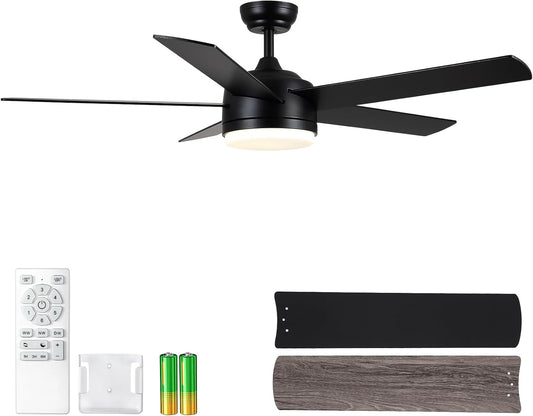 YUHAO 52 Inch Black Ceiling Fan with Light and Remote Control.Noiseless,Dimmable,3Cct,6 Speeds Reversible, DC Ceiling Fans for Indoor or Covered Outdoor Use.Etl Listed