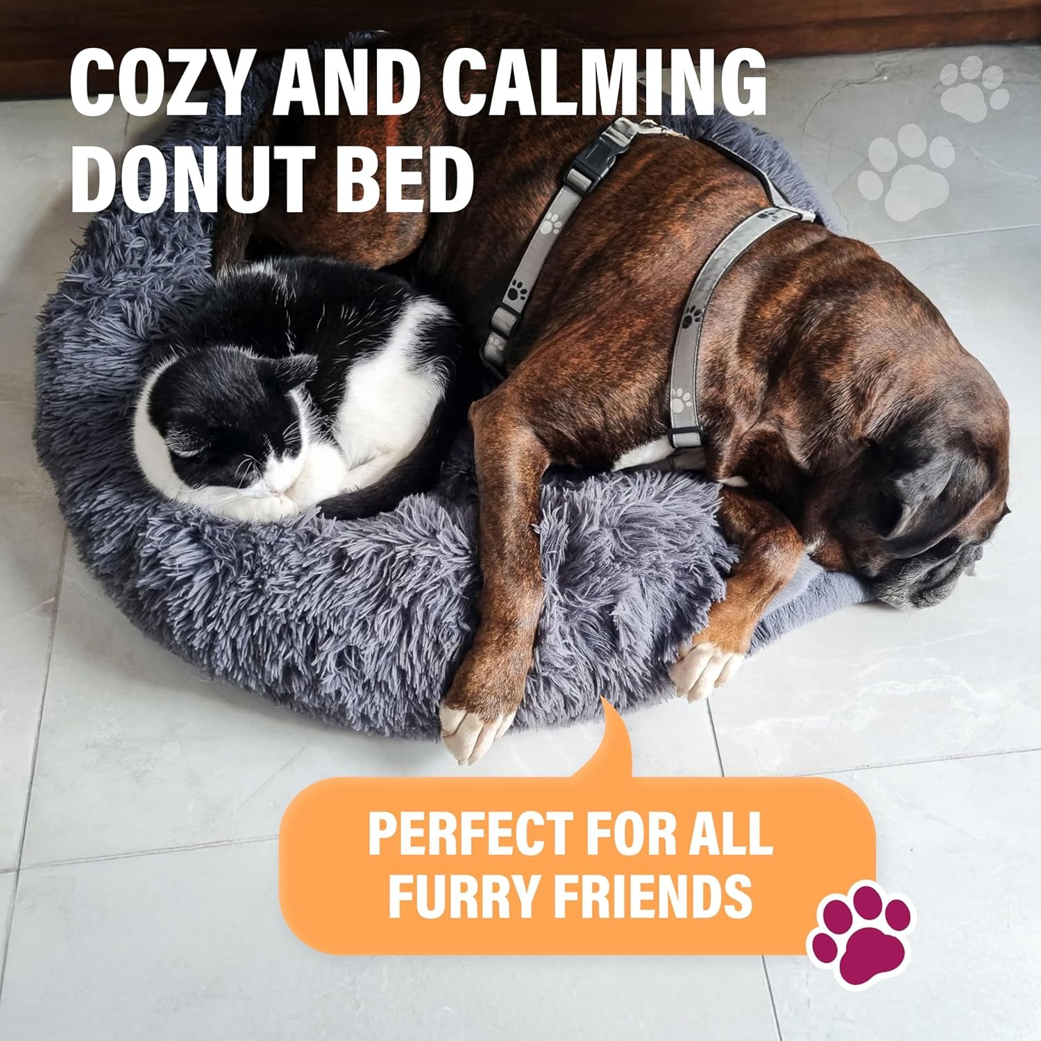 Active Pets Premium Small Donut Dog Bed, Fits up to 45 Lbs, Machine Washable Cushion, Plush Long Pile Faux Fur Fabric, Portable Light Grey Pet Bed Furniture for Puppies Adult Canines & Cats