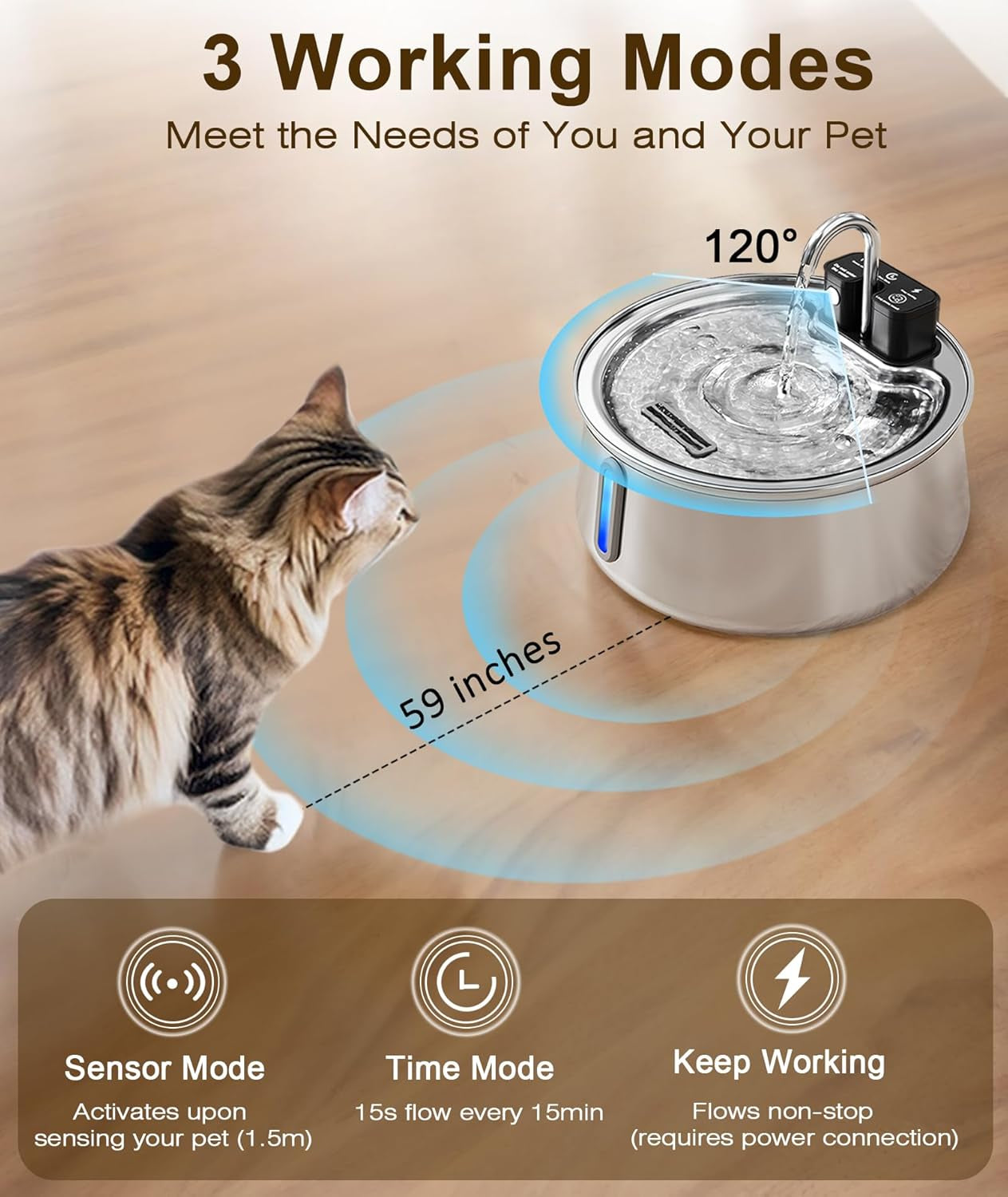 CEESC Cordless Cat Water Fountain Stainless Steel, 4L/135Oz Automatic Pet Water Dispenser with Motion Sensor, Multi-Filtration, Ultra Quiet Pump, Long-Lasting 4000Mah Battery for Indoor Cats & Dogs