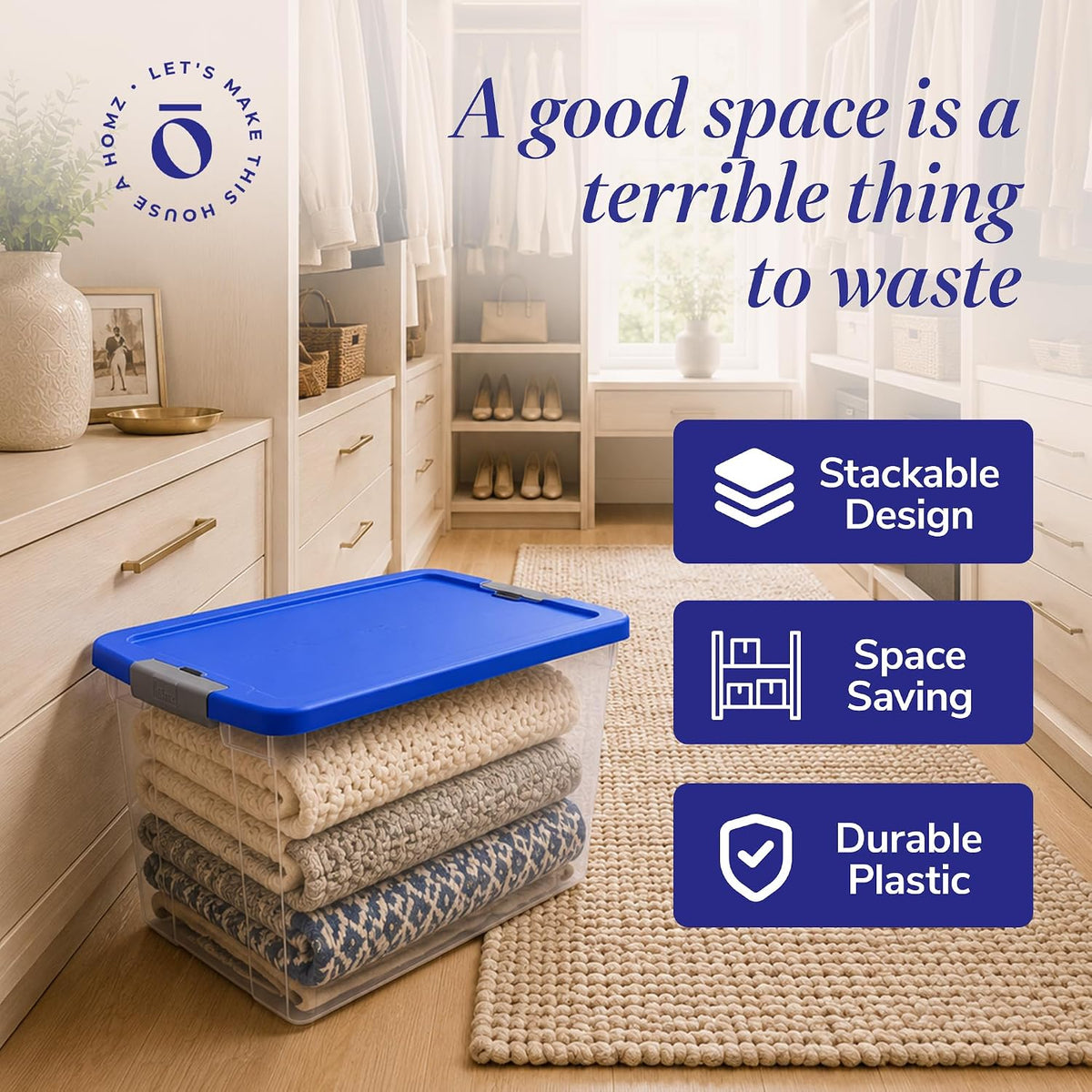 HOMZ Clear Plastic Storage Bin with Secure Latching Blue Lid, 64 Qt, 2 Pack
