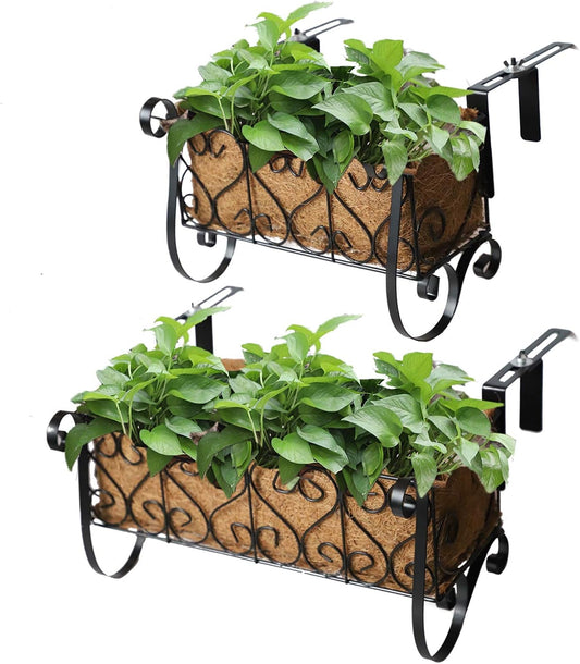 Mortime Iron Hanging Flower Rack Basket Shelf with Hooks, Railing Flower Pots Holder Black Metal Decorative Railing Shelf for Outdoor Garden Balcony Fence Patio