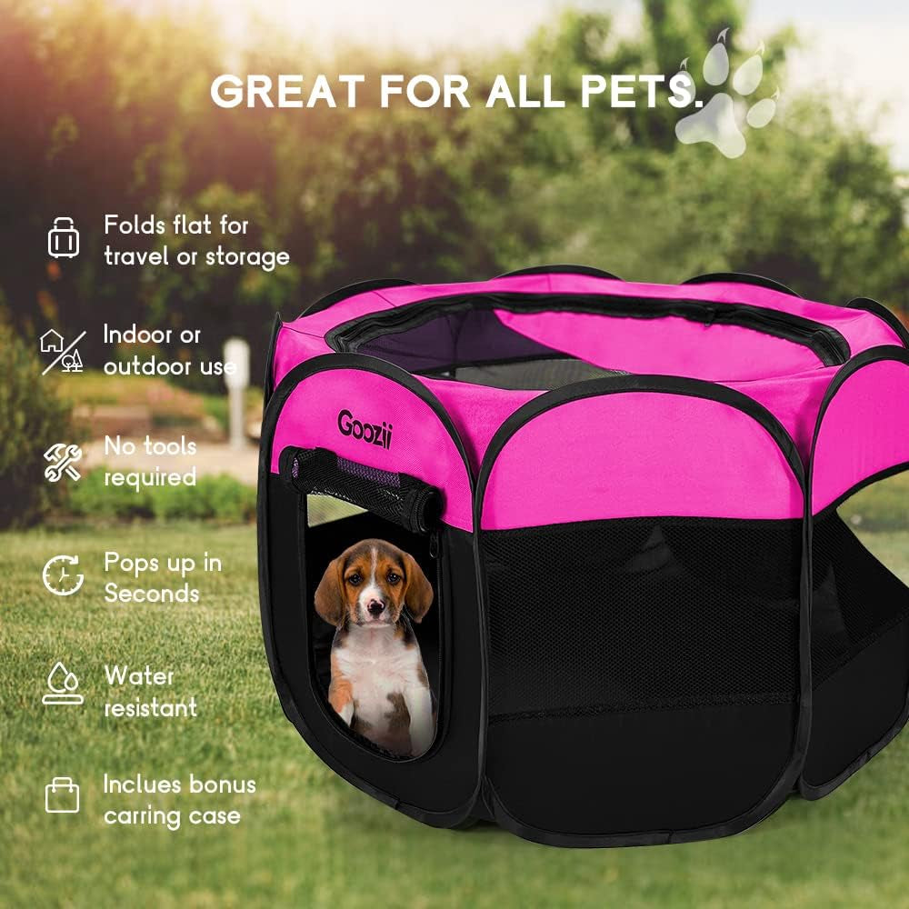 GOOZII Pet Cat Playpen for Indoor Cats Enclosed, Portable Foldable Dog Playpen Outdoor Tent Crate Cage with Zipper Top Cover Door for Kitten Puppy outside Rv Car Camper (Small Size, Pink)