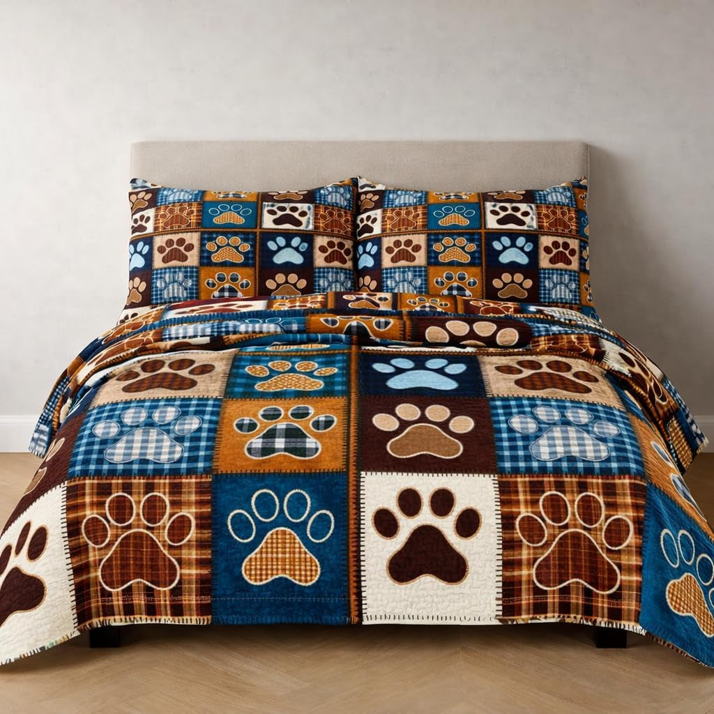 Patchwork Quilt Set King Size, Blue Brown Dog Paw Bedspread, Soft Lightweight Microfiber Bedding Set, Farmhouse Rustic Coverlet, All Season 3 Piece (Dog Paw, King)