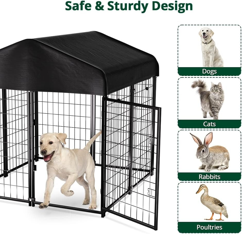Dog Kennel outside with Roof, 4'X4'X4.5' Outdoor Dog Kennels for Large Dogs, Heavty Duty Welded Dog Crate Playpen with Uv-Resistant Waterproof Cover
