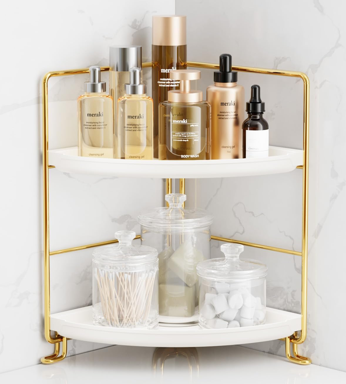 Fsyueyun 2-Tier Corner Bathroom Counter Organizer, Vanity Tray, Gold
