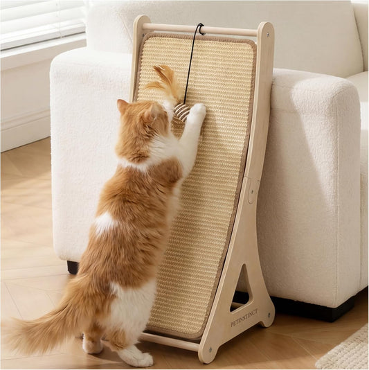 Sisal Cat Scratcher, 24" Wooden Ramp with Feather Mouse Toy