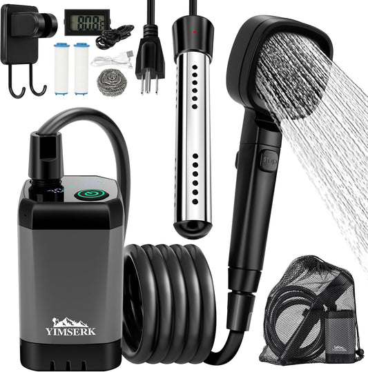 6000Mah Portable Shower for Camping with 2000W Immersion Water Heater – Rechargeable Camp Shower Pump, 4-Mode Filtered Head, LED Display, Outdoor Camping Shower Kit for Travel, Pets & Car Washing
