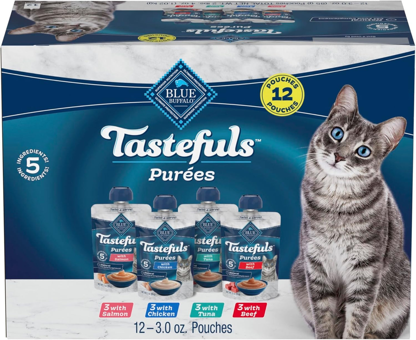 Blue Buffalo Tastefuls Purées Natural Cat Food Complement with 5 Ingredients, Chicken, Tuna, Beef, 3-Oz Resealable Pouches, 12-Ct Variety Pack
