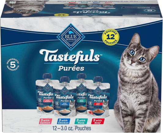 Blue Buffalo Tastefuls Purées Natural Cat Food Complement with 5 Ingredients, Chicken, Tuna, Beef, 3-Oz Resealable Pouches, 12-Ct Variety Pack