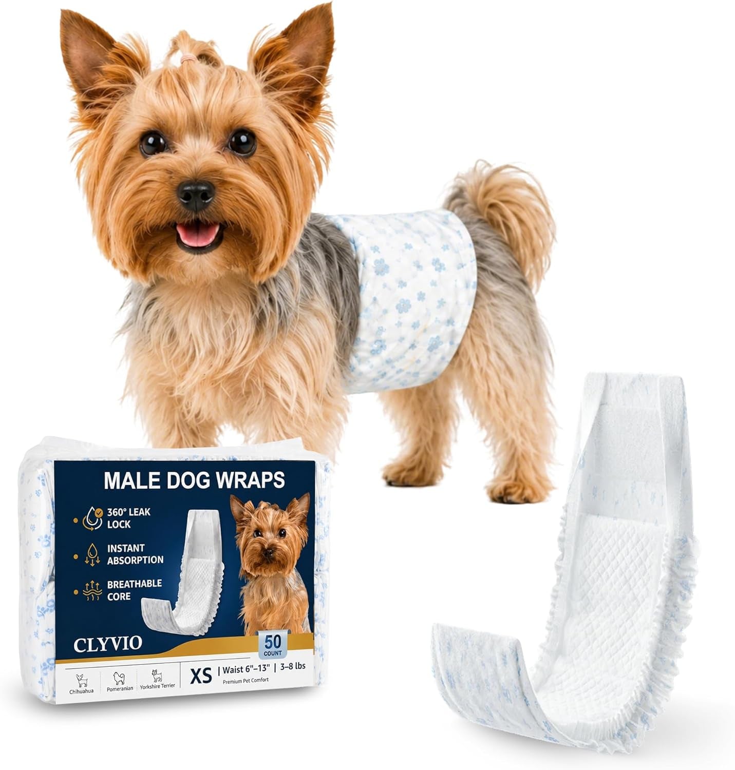 Dog Diapers Male XS, Disposable Wraps Belly Bands, 6-13", 50 Ct | 6-Layer Absorbent Core · Wetness Indicator · Soft Fit · Leak-Resistant Protection · for Teacup, Toy Breeds & Puppies