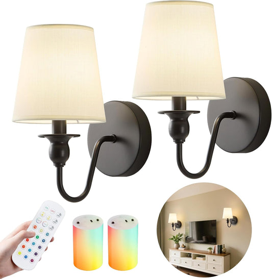 Battery Operated Wall Sconce Set of 2,Rechargeable Wall Sconce with 10000Mah Dimmable Bulb and Remote,Led 15 Colors Black Wireless Battery Powered Wall Lamp with Fabric for Bedroom Living Room