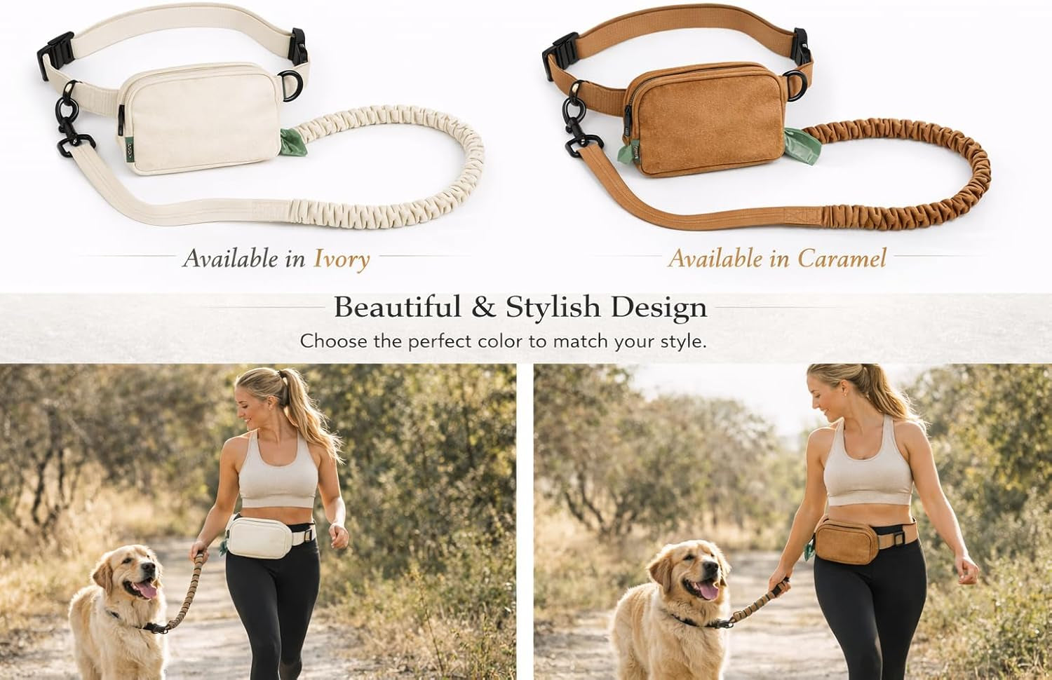 Hands Free Dog Leash with Dog Treat Pouch - Stylish & Trendy Waist Leash for Dog Walking - Wear around the Waist or Crossbody - Durable & Detachable - Shock Absorbing - Waste Bag Dispenser