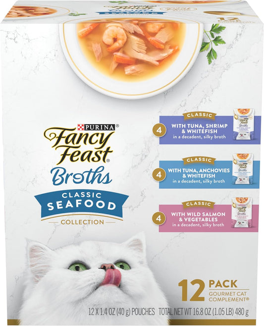 Purina Fancy Feast Broths, Classic Seafood Wet Cat Food, 1.4 Oz, 12-Pack
