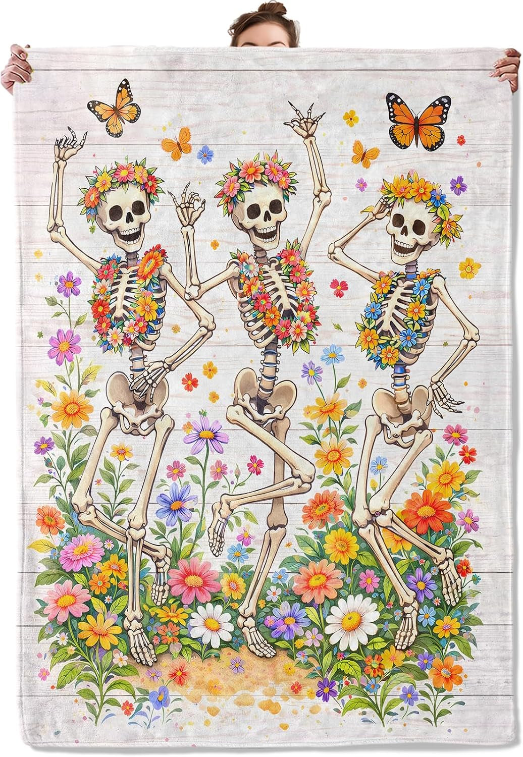 Dancing Skull Floral Flannel Throw Blanket Whimsical Goth Skeleton Flower Decor for Adults Gothic Lovers Cozy Lightweight Fleece Blankets Bedroom Couch Dorm Camping Travel Gifts, 50X60Inch