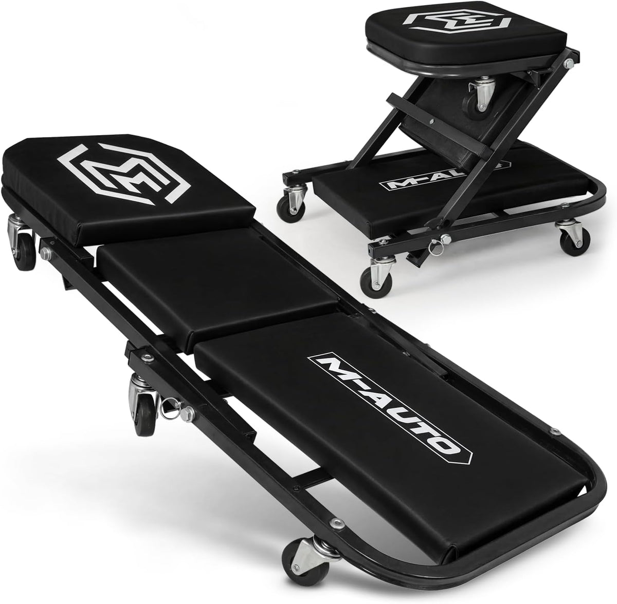 M-AUTO Foldable Z Creeper 2-In-1 Rolling Folding Car Creeper & Seat, 36" Adjustable Roller Garage Chair Lay down or Sit, 330LBS Capacity under Car Roller Creeper with 6 Swivel Casters, Black