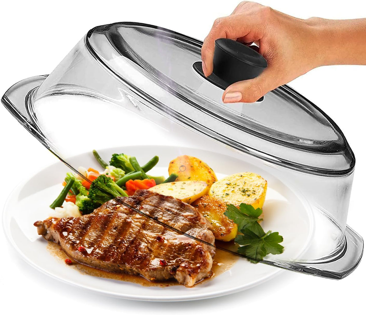Le'Raze Tall Glass Microwave Splatter Cover - Cool Touch Easy Grip Handle