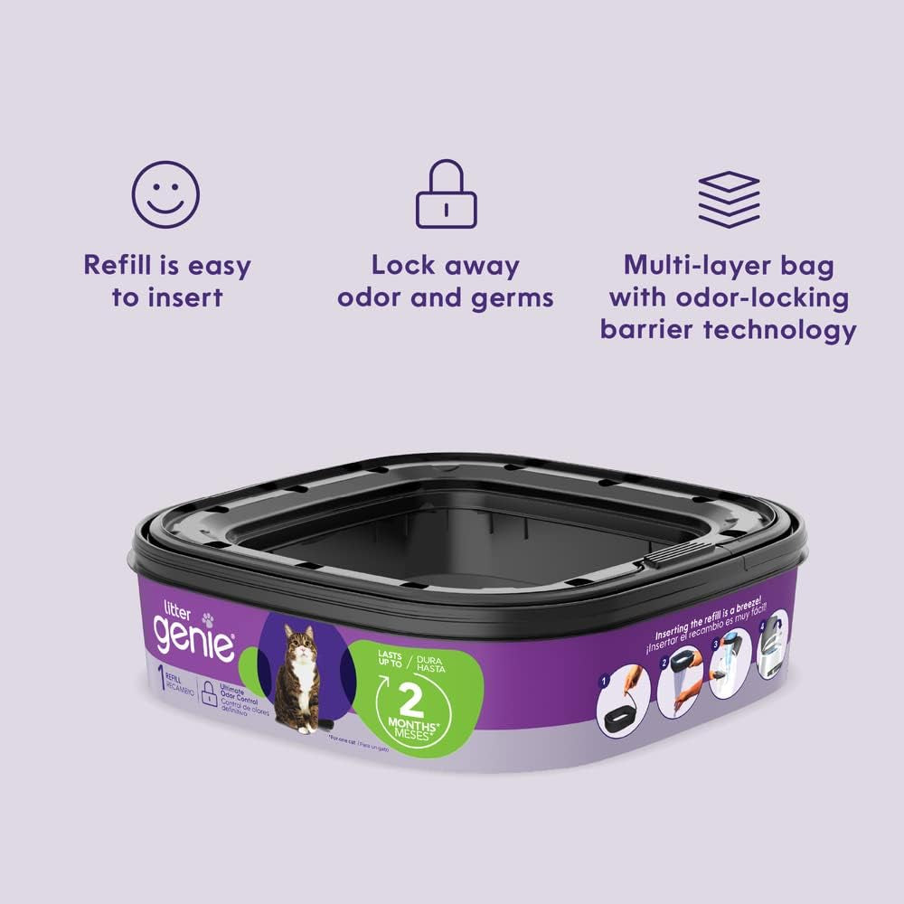 Litter Genie Refill Bags 14 FT (1-Pack) Multi-Layers of Odor-Barrier Technology 1 Square Refill Cartridge Lasts up to 2 Months per Cat