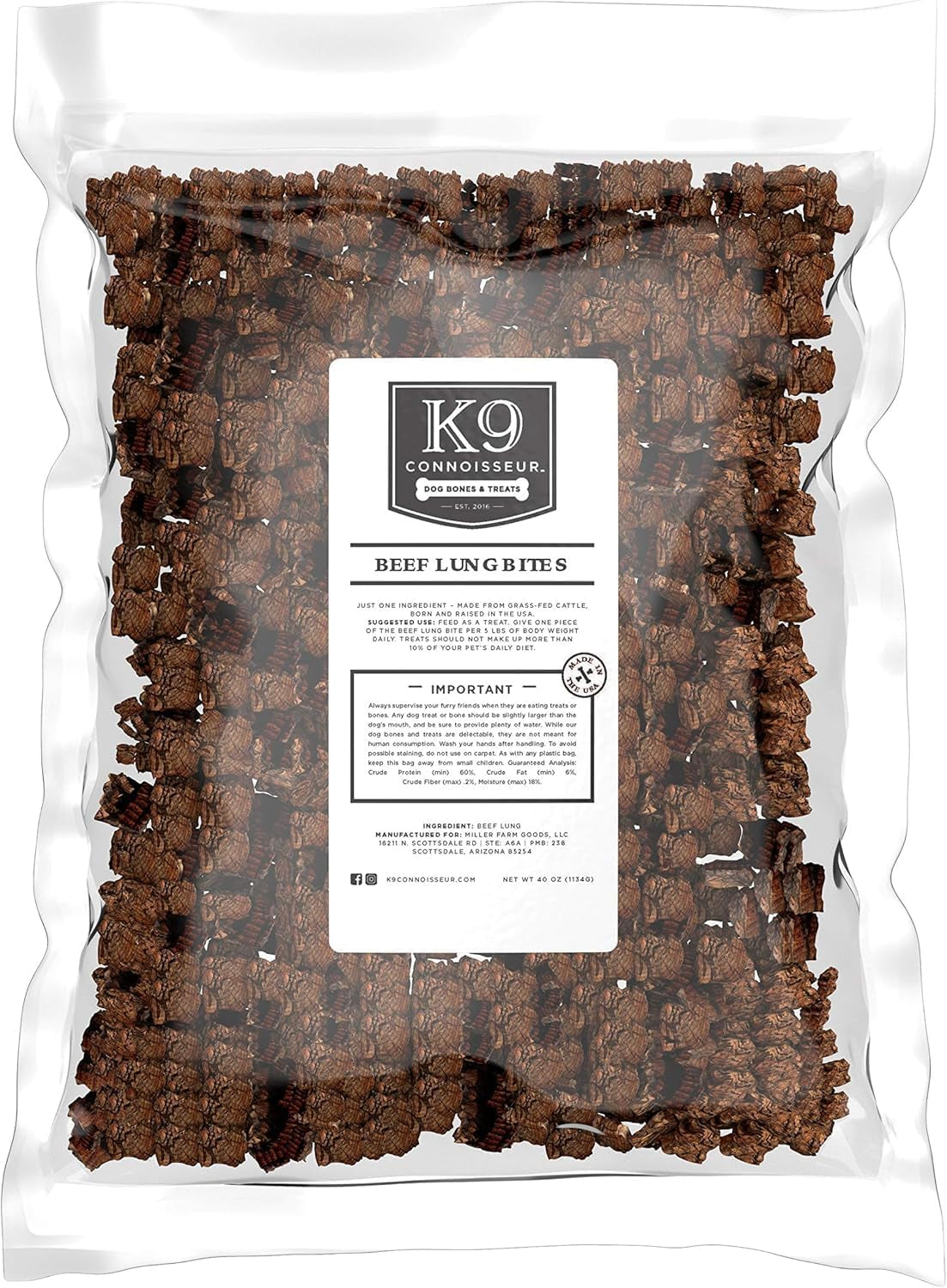 K9 Connoisseur Beef Lung Dog Training Treats All Natural & Lean, USA Made Single Ingredient, Bulk Dogs Treat, Grain Free, for All Breeds & Sizes - 2.5 Lbs