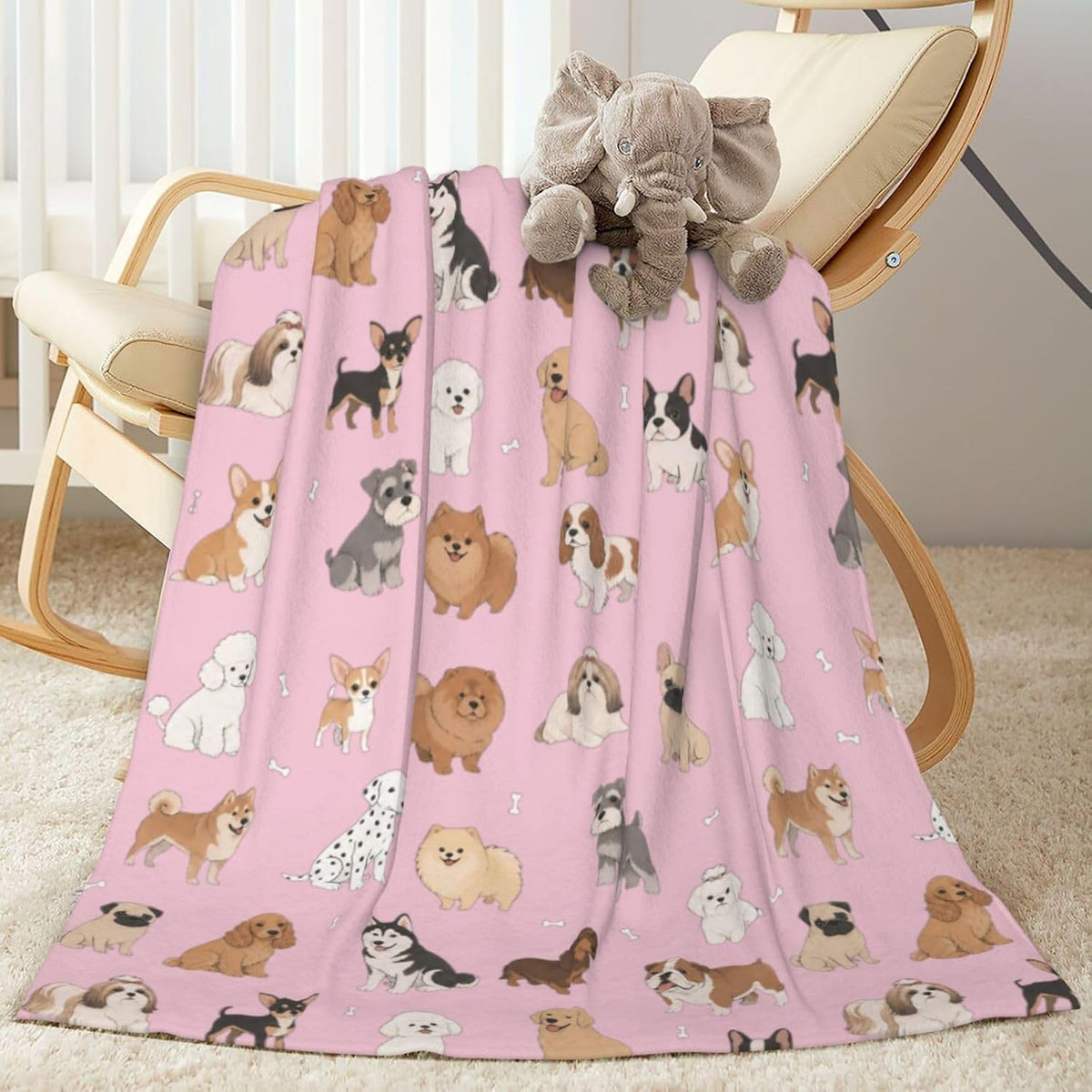 Perinsto Cute Dogs Pink Throw Blanket Ultra Soft Warm All Season Puppy Animals Decorative Fleece Blankets for Bed Chair Car Sofa Couch Bedroom 50" X 40"