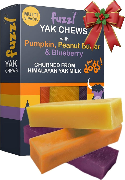 Fuzzl Yak Cheese Chews Blueberry, Peanut Butter, Pumpkin Medium Pack 3 - Himalayan Yak Chews for Dogs - Natural Dog Chew