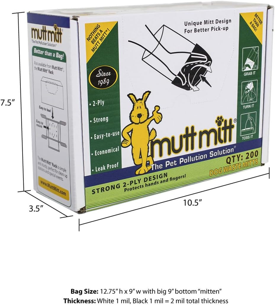 Mutt Mitt® 2-Ply Dog Waste Pick-Up Bags Dispense-A-Mitt™ - 200 Dog Waste Bags in a Wall Mountable Box.