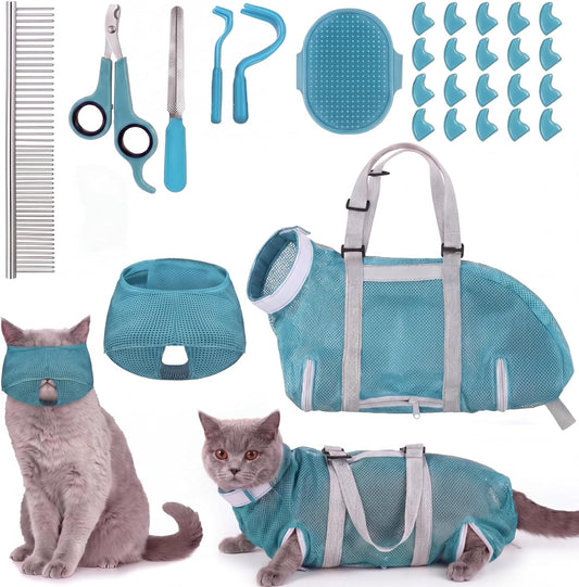 9 Pcs Cat Bathing Bag anti Scratch Cat Grooming Bag for Nail Trimming Injecting Examining Pet Restraint Bags with Washing Comb Mesh Muzzle Nail Clipper & File Tick Tool