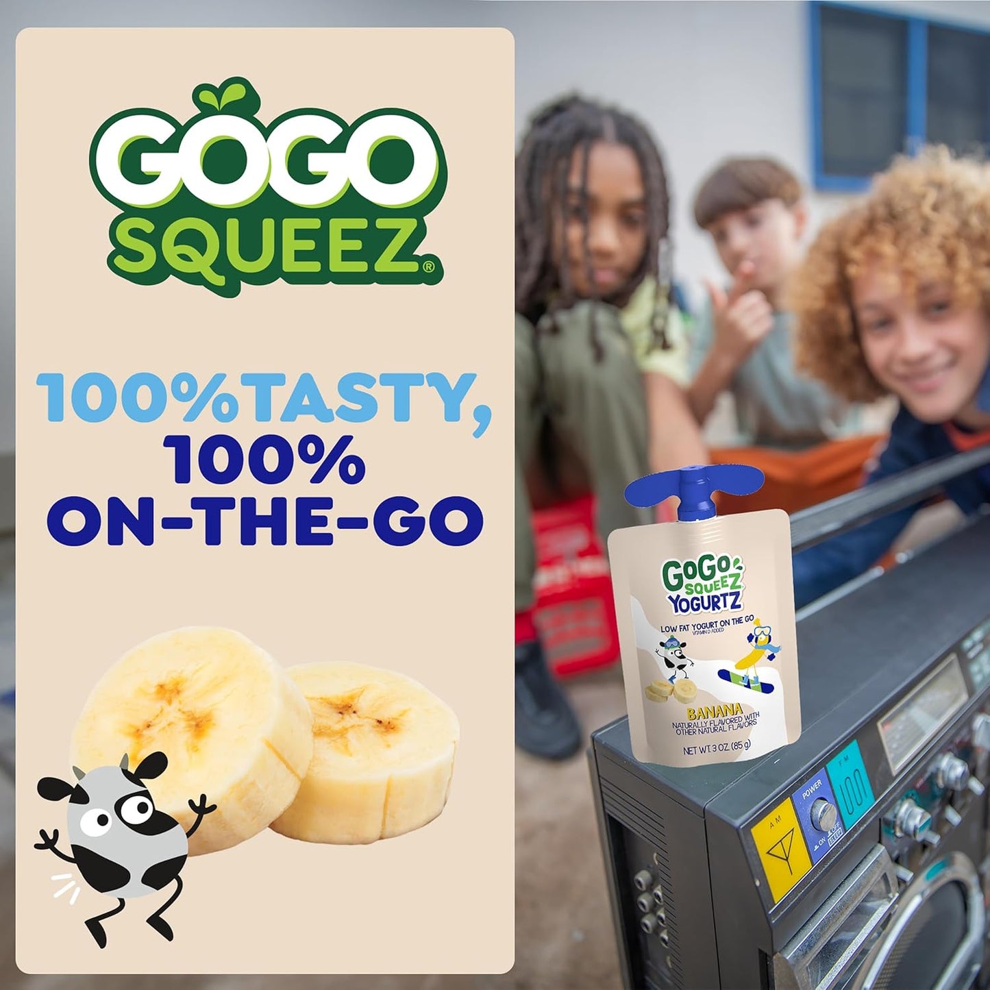 Gogo Squeez Yogurtz Banana, 3 Oz (Pack of 4), Kids Snacks Made from Real Yogurt and Fruit, Pantry Friendly, No Fridge Needed, Gluten Free and Nut Free, Recloseable Cap, BPA Free Pouches