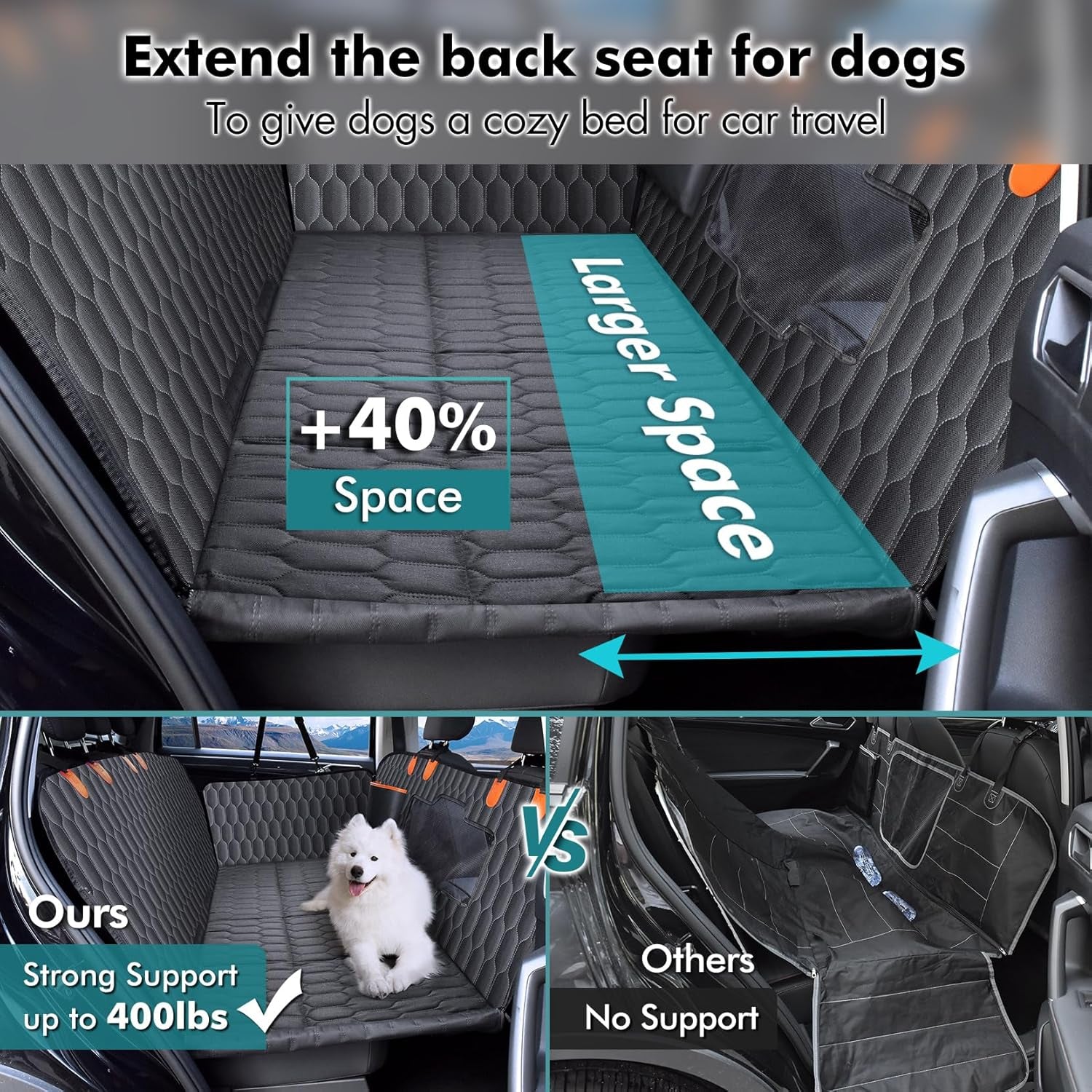 Chumajor Back Seat Extender for Dogs-Supports 400Lb,Waterproof Dog Car Seat Cover Hard Bottom-Detachable,600D Heavy Duty Scratch Proof Nonslip Soft,Dog Hammock for Car,Suvs