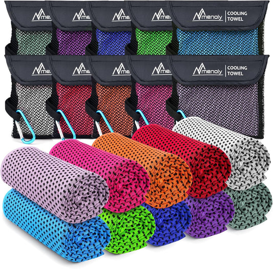 MENOLY 10 Pack Cooling Towels, 40"X12" Cooling Towels for Neck and Face with Breathable Carrying Bags,Soft Microfiber Instant Cooling Rags, Gym Workout Sweat Towel for Sports, Yoga, Camping, Running