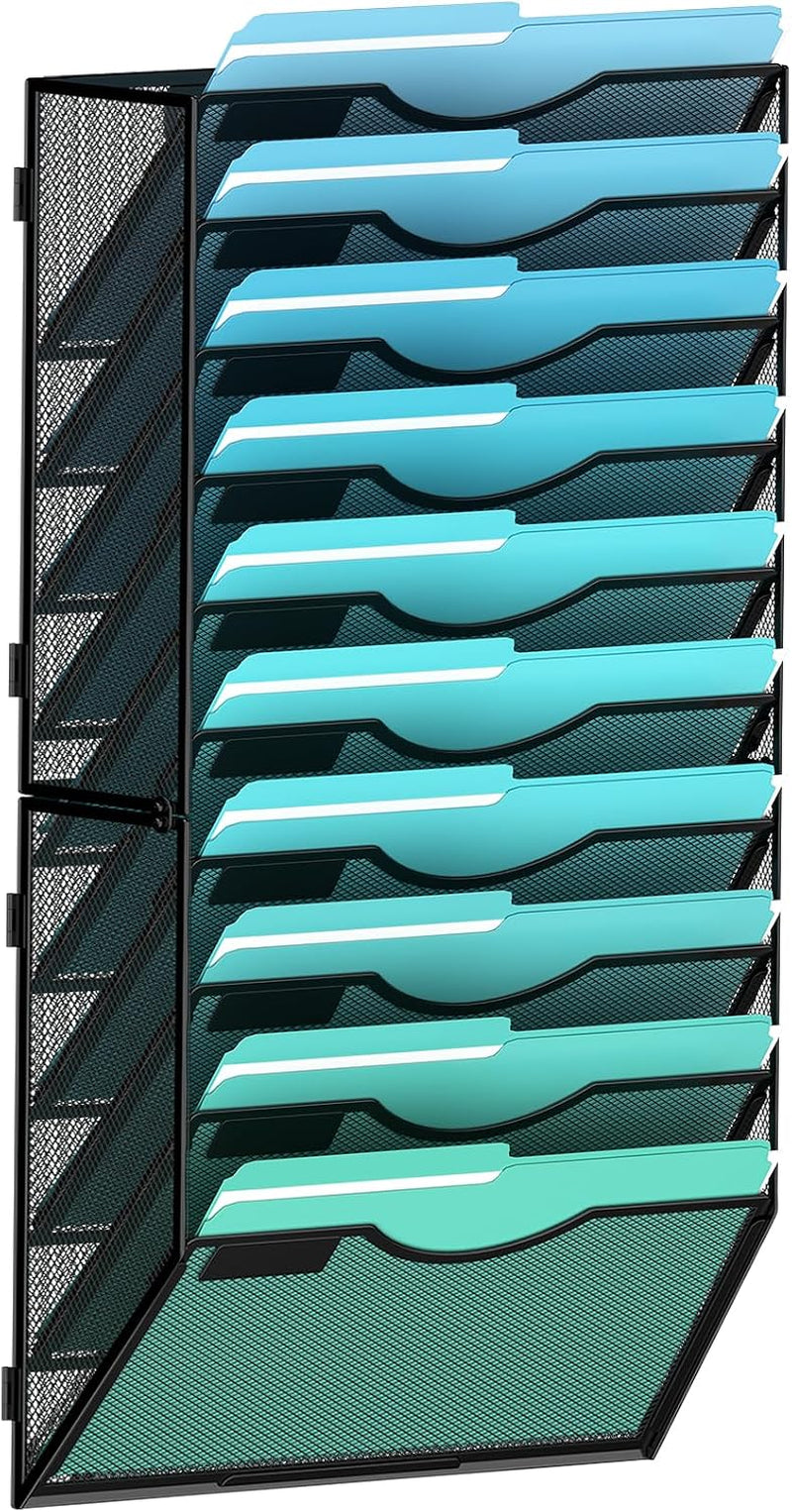Gawerk 10-Tier Wall File Organizer Hanging Wall File Holder Wall Mount Paper Folder Organize, Mesh Magazine Document Mail Organizer Wall Organizer for Office School Home, Black