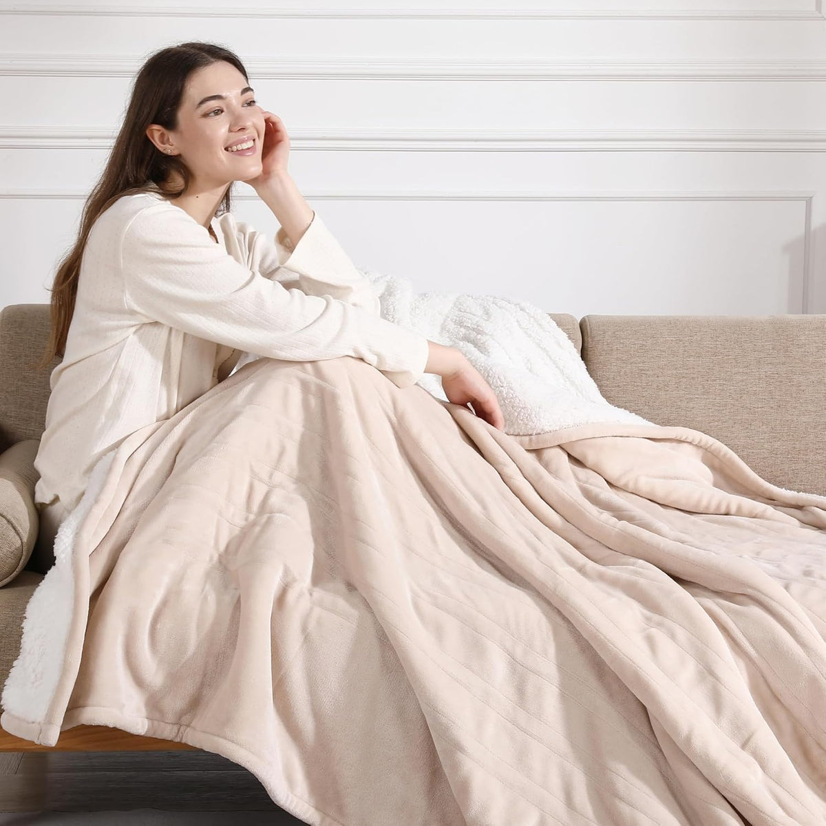 Electric Throw Blanket Heated Blanket Throw with Fast Heating, Cream, 50X60