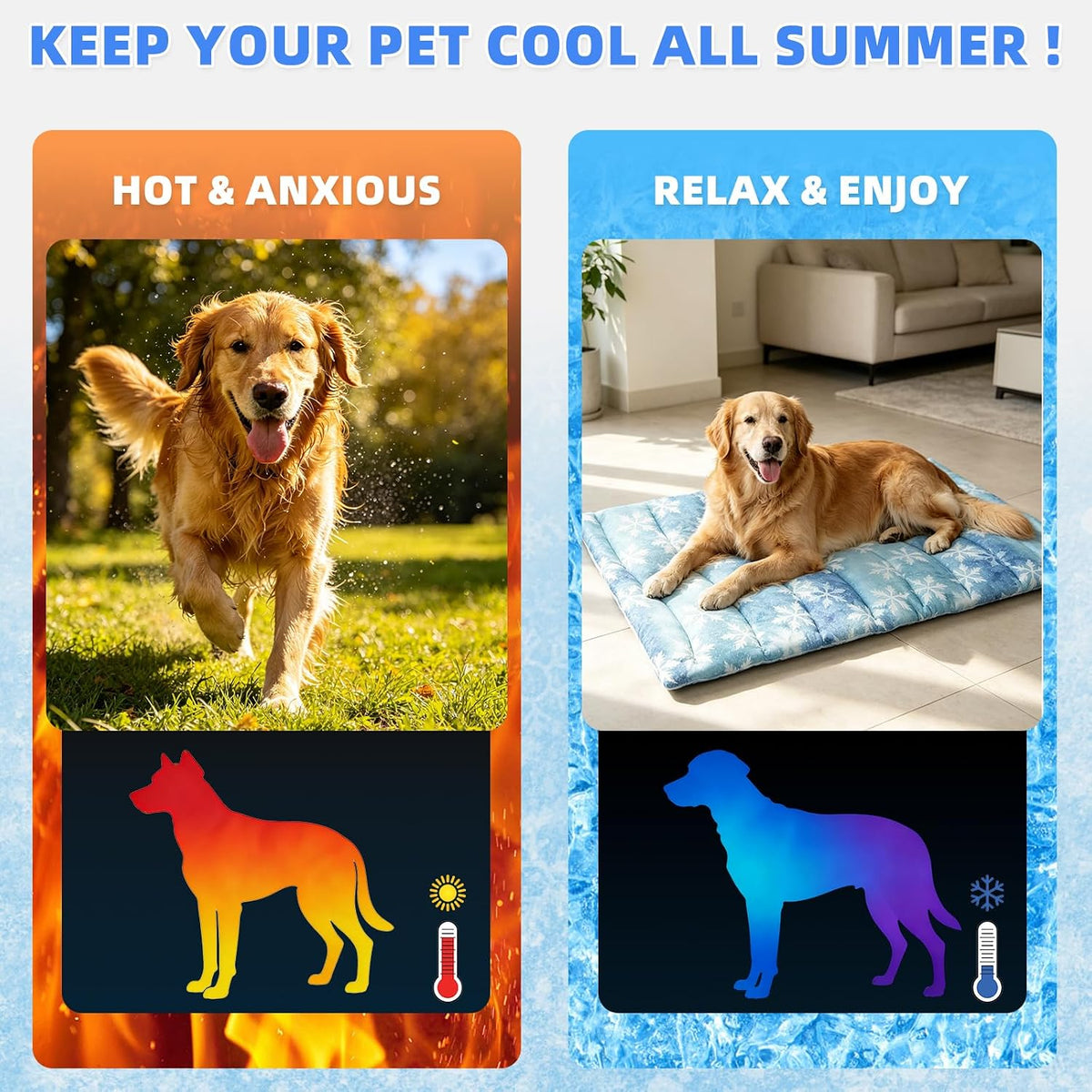 KOOLTAIL Dog Cooling Mat, Extra Thick Large Cooling Bed for Dogs and Cats Summer Indoor/Outdoor, 48"*28" Reversible Washable Pet Pad with Chill Cool Fiber, Non-Toxic Portable Blanket for Kennel, Blue